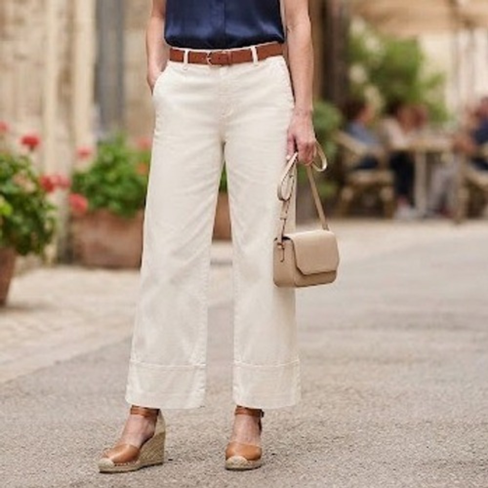 LOFT Ivory Wide Leg High Rise Trouser Pants Cotton Cuffed Office Siren Size 8